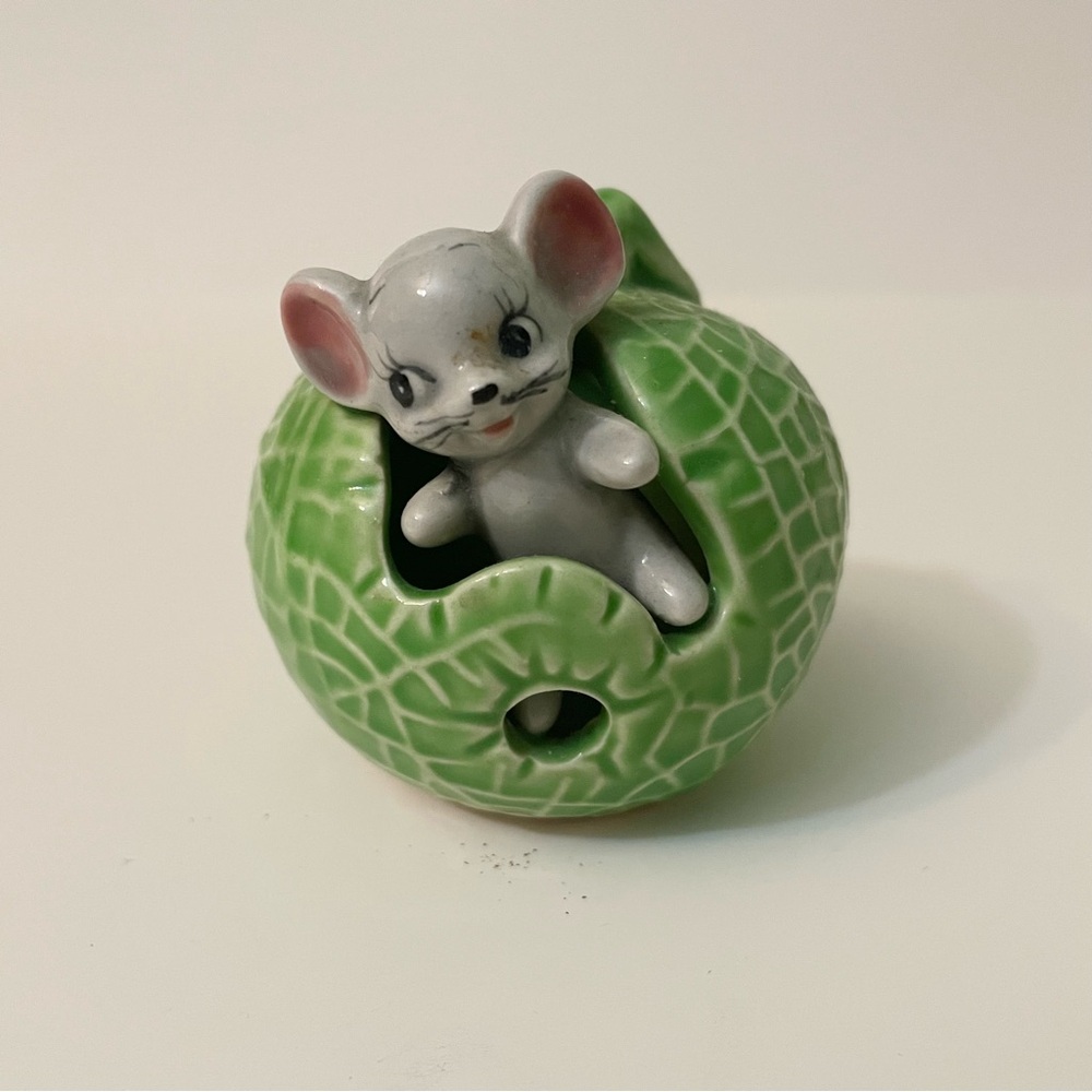 Vintage Giftcraft Ceramic Anthropomorphic Mouse in Apple Melon Japan Toothpicks